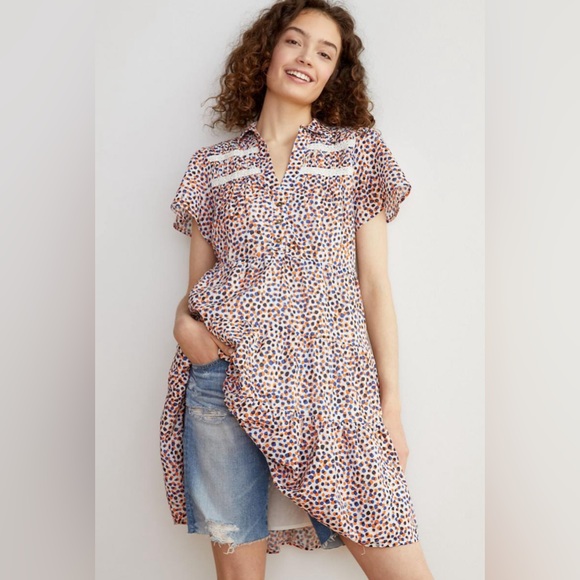 Anthropologie Georgina Tiered Shirtdress in Orange Blue Funky Dots - Picture 1 of 17